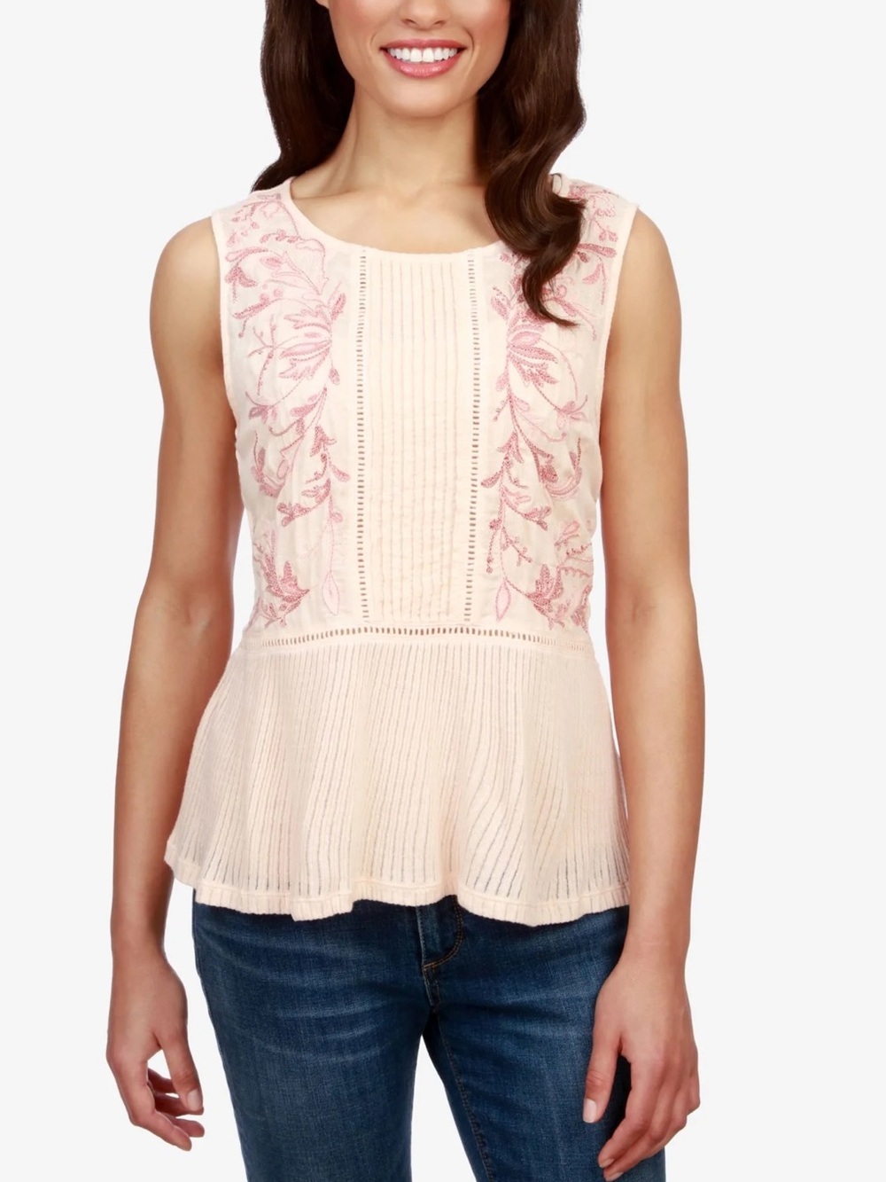 Lucky Brand Pink Embroidered Boho Tank Top Modal Cotton Sleeveless Medium